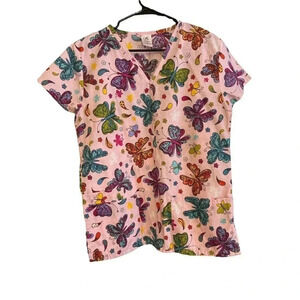 B SCRUBS SIZE MEDIUM PINK SCRUBS WITH BUTTERFLIES
